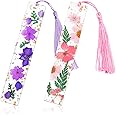 PROUSKY Pressed Flower Bookmarks, Dried Flower Resin Bookmarks, Mothers Day Gifts Pressed Floral Reading Page Markers with Tassel Daisy Book Markers for Readers Teachers Students (Purple Pink)