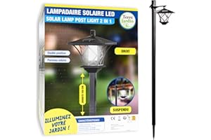 TERRE JARDIN - Lampadaire Solaire Exterieur, Noir 1,5 m - Lampe sur Pied Exterieur, LED 5 Lumens 0,03 W - Luminaire Extérieur LED, 2 Postions et 2 Niveaux - Lampadaire sur Pied, Lanterne Classique