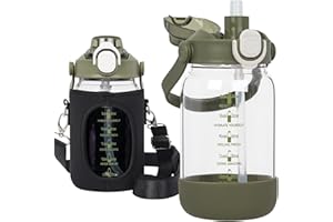 Seekua 1l Trinkflasche Glas Flasche mit Strohhalm & Zeitmarkierung, 1 liter Wasserflasche mit Früchteinsatz & Schutzhülle für Smoothie, Früchte, Kohlensäure geeignet