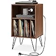 COSTWAY Record Player Stand with Charging Station, Turntable Stand End Sofa Side Table with 5 Shelves & Cable Hole, Albums Vinyl Record Storage Cabinet Holder for Living Room Bedroom (Walnut)