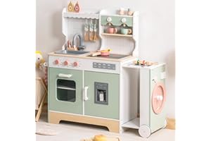 ROBUD Kuchnia dziecięca z drewna z ekspresem do kawy, kostkarką do lodu, grillem, naczyniami i zabawkami – nadaje się dla dzieci od 3 lat