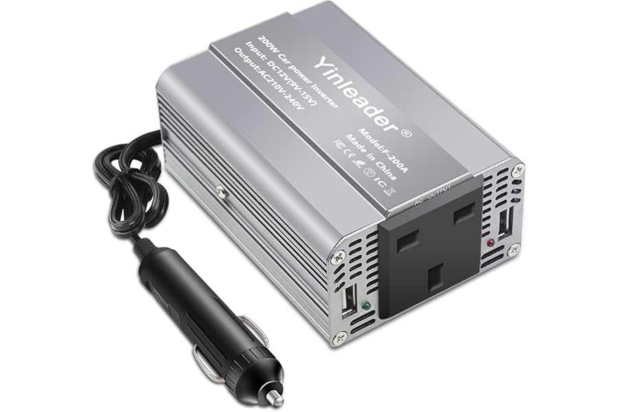 Yinleader 200W Car Power Inverter DC 12V to 230V 240V AC 1 UK Socket 2 USB Ports Cigarette Adapter Converter Charge Your Tablet,iPhone,iPad