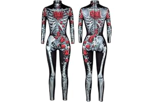 NEWUPZSI Déguisement Squelette Femme Halloween Costume d'Halloween squelette adulte pour femmes Combinaison Squelette Adulte Crâne 3D Jeu de Rôle Costume moulant pour Adulte