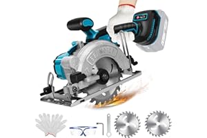 KISTRBA Scie circulaire sans fil compatible avec batterie Makita 18 V, mini scie circulaire sans balais avec 2 lames de scie (125 mm), avec coupe diagonale, 6200 tr/min, idéale pour couper du bois (sans