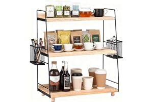 Wuudi Coffee and Tea Station Organizer, 3-Tier Wooden Countertop Shelf with Baskets for Kitchen, Bathroom, Home, Office -Kitchen Storage & Organisation, Caddy for Coffee Accessories