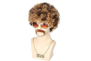 Topcosplay 3er-Pack Herrenperücke: 70er 80er Jahre Disco Dude Dirt Bag Perücke & Schnurrbart Halskette – kurz, lockig, Afro, Shaggy, Blond, gemischtes Schwarz