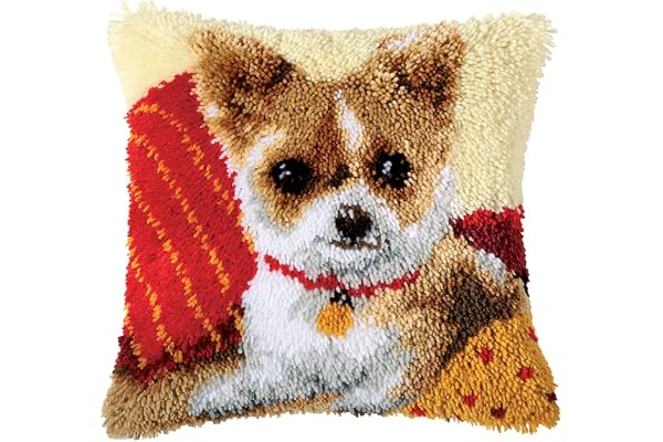 Vervaco Kit Point Noué Á Faire Coussin Broderie Debutant DIY CHIHUAHUA Latch Hook Kit Complet Decoration Maison Manuelle Loisir Créatif ca. 40 x 40 cm Embroidery
