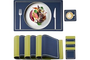 BENAEP Table Mats Set of 6, Placemats and Coasters Sets of 6, Washable Non-slip Heat Insulation PU Leather Dinner Table Place Mats for Home Restaurant(Navy+green)