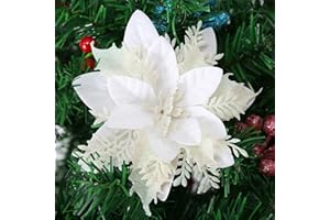 GL-TURELIFES GL-Turelfies 12 Flores de Navidad con Purpurina (15 cm) con 12 Clips de Flores Artificiales de Poinsettia para árbol de Navidad, decoración de árbol de Navidad, Adornos de árbol de Navidad