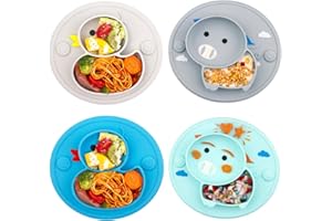 nohlerlife Lot de 4 Assiettes pour tout-petits en silicone avec Compartiments, incassable Antidérapantes assiette bebe Pour les tout-petits et l'auto-alimentation (Duck/Pig)