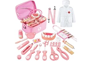 Zestaw lekarski Aomig dla dzieci, 31-elementowy drewniany kostium pielęgniarki dla dzieci, zestaw do pielęgnacji zębów z zabawkami stetoskopowymi, zestaw medyczny do odgrywania ról