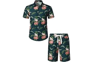 JOGAL Herren Hawaii Hemd Männer Flamingo Kurzarmhemd und Kurze Hose Set Strand Outfit Sommerhemd Für Mann