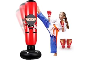 TOURKING Inflatable Punching Bag for Kids, 63 Inch Standing Boxing Bag with Gloves, Ideal for Karate, Taekwondo, De-Stress & Gifts