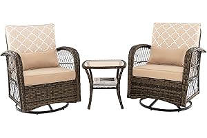 RELAX4LIFE 3PCS Rattan Bistro Set, 360° Swivel Rocking Chair and Table Set with Soft Cushions and Tempered Glass Table, 2 Seaters Patio Garden Furniture Set for Backyard Balcony Poolside