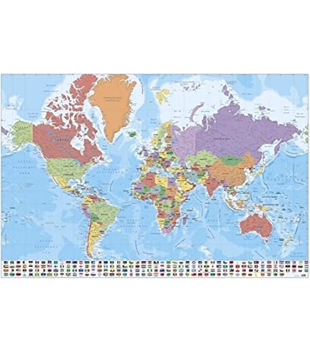 Poster Carte Du Monde Avec Drapeaux En Français 91,5cm X 61cm - Édition Détailée + Poster Surprise Gratuit