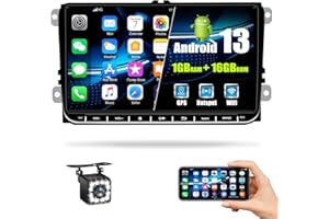 CAMECHO Android 13 Radio Coche para VW Golf 5 Passat Jetta Polo Tiguan Touran Seat, 9 Pulgadas Pantalla Táctil con WiFi/GPS/Bluetooth/USB/FM+ Cámara Trasera+Mic