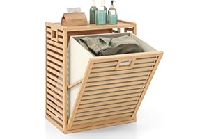 COSTWAY Regał łazienkowy z kosz na pranie, 68 l, regał z bambusa, szafka łazienkowa z półką i rozkładanym koszem z materiału, naturalny, 50 x 35 x 64