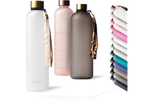 MAMEIDO Gourde 1 l, Bouteille d'eau Design Plastique avec Marqueur de Temps de Motivation, sans BPA, étanche (Frosted White Gold)