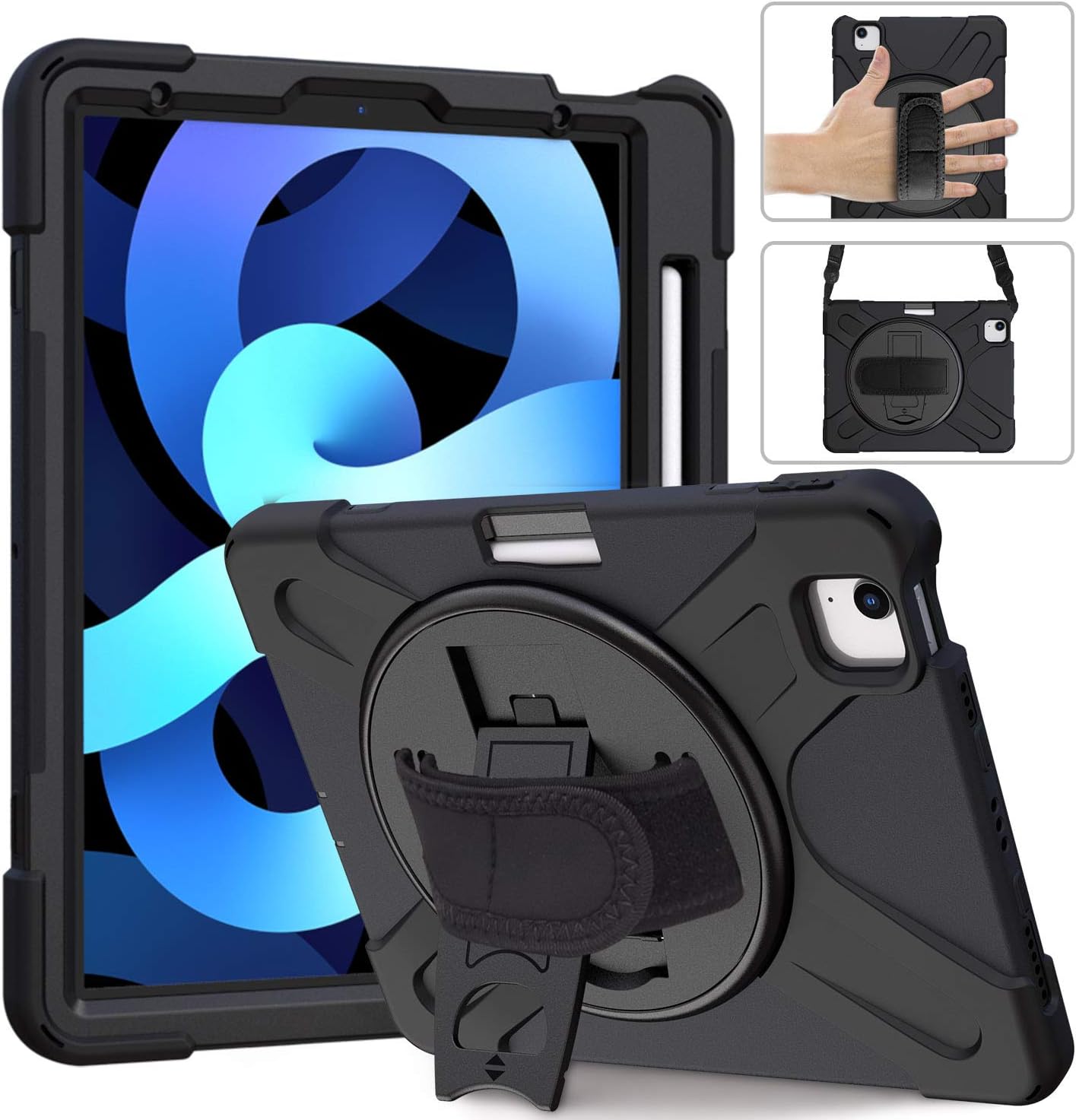 ProElite Rugged 3 Layer Armor case Cover for Apple iPad Air 5th/4th Gen 10.9" with Hand Grip, Pencil Holder and Rotating Kickstand, Black