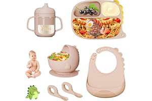 Bwaliffury Vajilla Bebe Silicona 6 Piezas, Juego Vajilla Bebe, Plato Con Ventosa para Bebés, Cuenco Con Ventosa, Babero Silicona Bebe, Taza de Agua Potable para Bebés, Cuchara/Cuenco, Sin BPA (Beige)