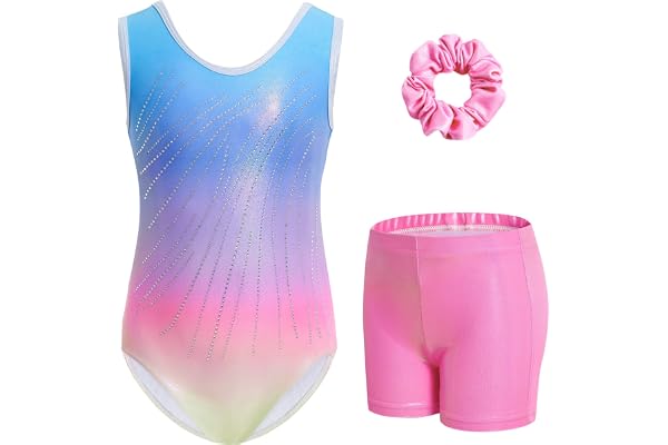 Gogokids Ensemble de Gymnastique Trois Pièces pour Filles, Justaucorps Sans Manches avec Shorts et Bandeau, Tenue de Gymnastique avec Design de Couleur Scintillants Dégradée pour 3 à 12 Ans