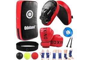 Odoland Boxing Gloves and Punching Mitts Set for Kids, Boxing Mitts Focus Pads, Kids Boxing Gloves and Protect Sleeves, Reflex Balls Kit and Jumping Rope for Boxing, Kickboxing, Karate