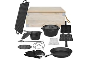 NAIZY 12 Pezzi Set Pentola Olandese Con Scatola In Legno Incluso Pentola Fuoco, Padella, Stampi Da Forno, Pentole Da Latte, Antipasti, Basen, Ferro Per Waffle, Guanti, Pads, Reti Per Pulizia