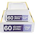 MATANA 120 Premium White Square Plastic Plates with Gold Rim – 60 Dinner (24cm) and 60 Dessert (16.5cm) Plates – Elegant & Reusable Tableware for Weddings, Birthdays, BBQs, Events