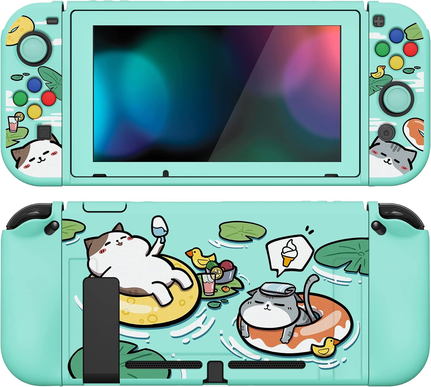PlayVital ZealProtect Funda Protectora Suave para Nintendo Switch Accesorios Carcasa con Protector de Pantalla & Tapas de Agarre para el Pulgar & Pegatinas de ABXY Dirección Botón(Gatos en Piscina)