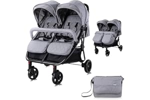 Lorelli Zwillingskinderwagen Duo, Zwillingsbuggy klein faltbar für 2 Kinder, sehr leicht, Zwillingswagen nebeneinander, Geschwister Kinderwagen kompakt zusammenklappbar, hellgrau