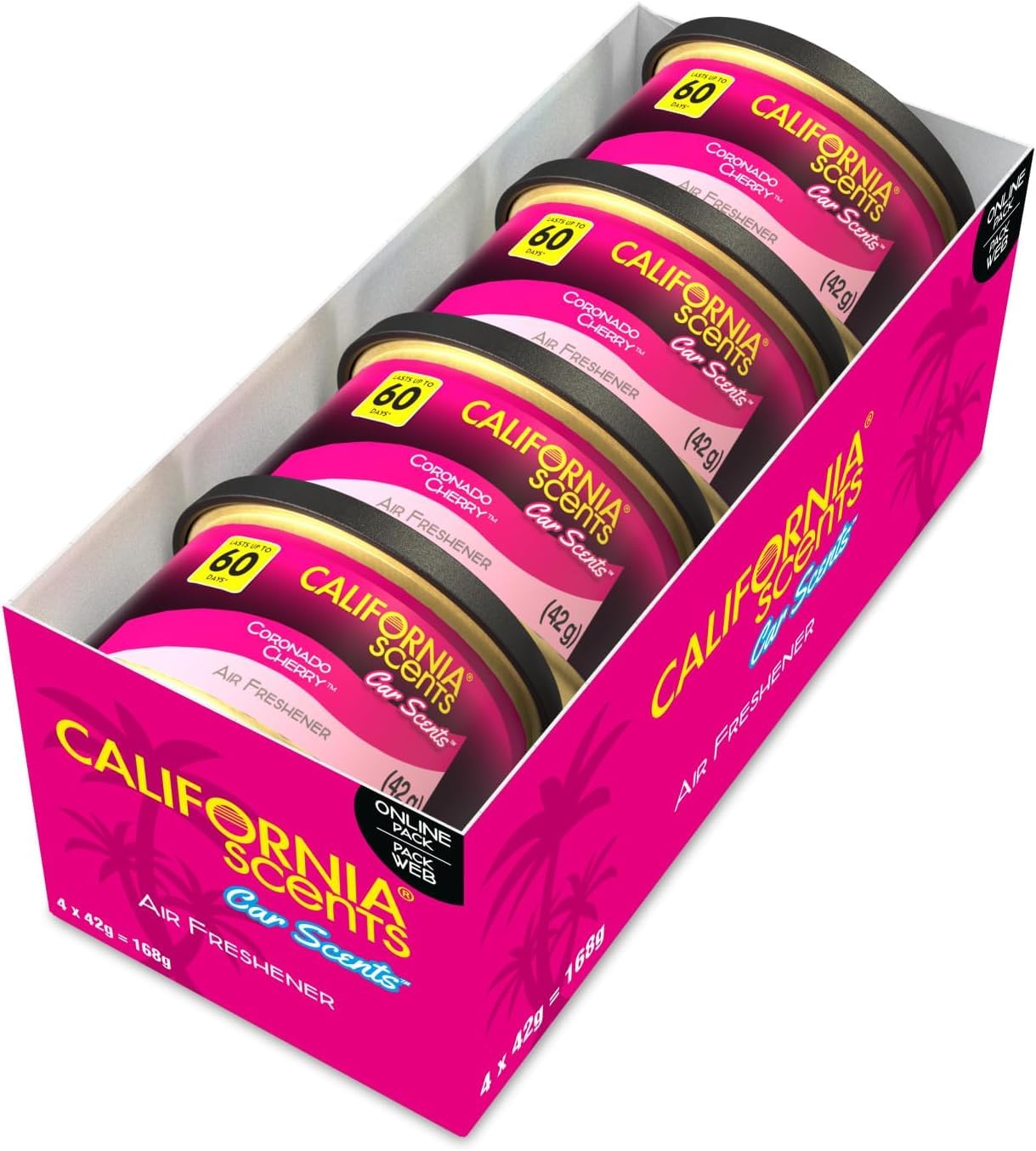 California Scents Ambientador de coche en Lata Premium - 4 Pack (Hasta 60 Días)- Fragancia Duradera de Cereza - Control de Intensidad de Olor para un Ambiente Fresco y Personalizado en tu Coche, 42g