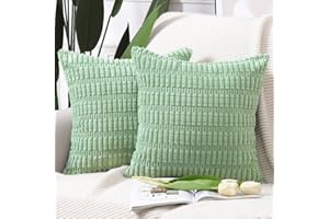 Madizz Pack of 2 Boho Striped Corduroy Throw Pillow Covers 18x18 inch, 45x45 cm, Green Soft Decorative Cushion Cover for Sofa Bedroom Pillow Shell