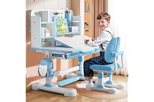 Worparsen Upgraded Kinderschreibtisch,höhenverstellbar, Schüler-Schreibtisch und Stuhl, Kinderschule, Studiertisch mit Schubladenablagen, Bücherregal, Studienstuhl und Schreibtisch für Kinder (Blau F)