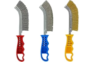 TIVOLY - Lot de 3 Brosses à Main - Brosses Métalliques en Acier, Acier Laitonné et Acier Inoxydable - Poignées Ergonomiques