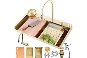 HZKSINNK Fregadero de Cocina de 1 Cubeta 75x50 cm, Dorado cascada Fregadero de Acero Inoxidable, con Grifo Cocina Extraible, cesta de drenaje, sifón, rebosadero y desagüe así como otros accesorios