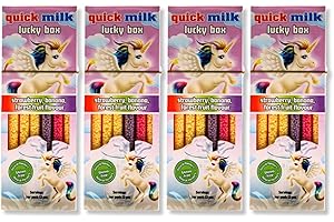 Quick Milk Lucky Box Unicorn Pack of 4 – Strawberry, Banana and Forest Fruit Flavoured Milk Straws for Instant Milkshake | Total of 52 Quick Milk Magic Sipper Straws by The Great British Kitchen