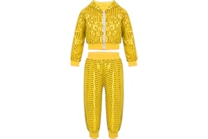 Choomomo Kids Boys Girls Shiny Sequined Long Sleeve Hooded Jacket Coat Tops Pants Set for Hip-hop Jazz Dance Costumes