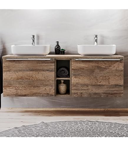 Mobile Bagno 120 Cm Rovere Chiaro 4 Ante, Lavabo Doppio, 2 Specchi 60x80 E Applique Led Xenos 88713197