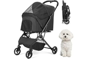 AESRAOU Foldable Dog Stroller, Dog Cat Jogger Stroller with Large Storage Bag, One-Click Folding Minimalism Puppy Travel Stroller with 4 Wheels for Medium Small Dogs Cats 66lbs (Black)