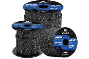 Abma Cord Paracord 3mm 50m 100% Nylon Rope Type II 3 Strands Parachute Cord - Max. 192kg (425lbs) - Reflective Black