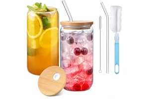 Eidoct 2 bicchieri vuoti da 480 ml, a forma di lattina, con coperchi ermetici in bambù, cannucce di vetro e spazzola per la pulizia della cannuccia, bicchieri da caffè freddo per frullati, birra,