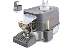 Bartuke arenero Gatos de Acero Inoxidable con Tapa, Caja de Arena para Gatos metálica extraíble y Cerrada Grandes, con Borde Alto, Pala, antifugas, Antiadherente y fácil de Limpiar (Gris)