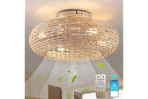 ‎MIIR MiiR Deckenventilator Mit Beleuchtung Rattan E27 Lampe Mit Ventilator Mit Fernbedienung Und APP Leise 6 Wind Speeds Timer Deckenlampe Mit Ventilator Für Wohnzimmer Schlafzimmer Esszimmer Licht,50cm