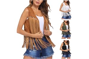 YESOK 2023 Femme Veste Daim avec Frange à Ongles Court clouté Veste Biker Casual Léger Ethnique sans Manches en Faux Daim Style Hippie des Années 70 Ouvert sur Le Devant Gilet Vintage Cowgirl