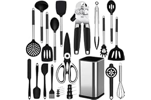 THIMMAMMA Set di 26 utensili da cucina in silicone con supporto, resistenti al calore, spatole antiaderenti, spatola divisa, pinza girevole