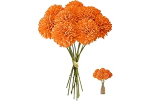 JOZMMZEOOA 12 Stück Hortensien Kunstblumen Orange Künstliche Hortensien Plastikblumen Kunstblumen Seiden Kugel-Chrysanthemen Seide Pompon Chrysantheme Dekoblumen,für Hochzeits Deco,Heimdeko,Büro
