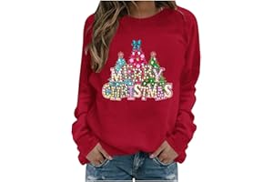 JIANGML Women Xmas Sweatshirt Christmas Tree Graphic Jumper Ladies Raglan Sleeve Pullover Merry Christmas Printed Blouse Warm Ribbed Cuffs Tops Christmas Funny Novelty Shirt Warm Cozy Casual Wearable Jumpers