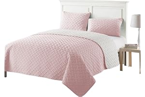 MIA WE DRESS YOUR HOME Luxury Quilted Bedspread Set – 3 Piece Reversible Coverlet with Matching Pillowcases | Large Sofa Throw Blanket Bedding Cover | Easy Care (Pink, Super King, Basket Weave)