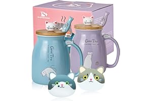 SHENDONG 2-pak kubków z kotem, urocze, ceramiczne, do kawy, z bambusową pokrywką kawaii, łyżeczką, nowość, poranny kubek, do kawy, mleka, herbaty, 3D, dla miłośników kotów, dla kobiet, prezenty