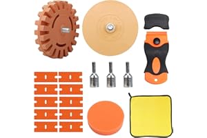 AARCYYE Gomme enlève Autocollants, Enlève Autocollants, Mini Grattoir en Plastique avec 10 Lames en Plastique, Décalque Gomme Roue, Disque de Roue en Caoutchouc avec Adaptateur, pour éviter Résidus de Colle
